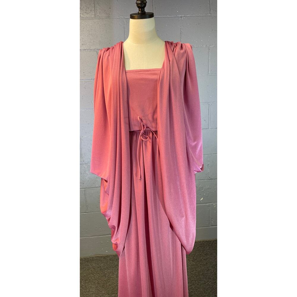 Vtg 70s Dusty Rose Pink Dress Duster 2 Piece Set Prairie Dress Prom Formal SM MD